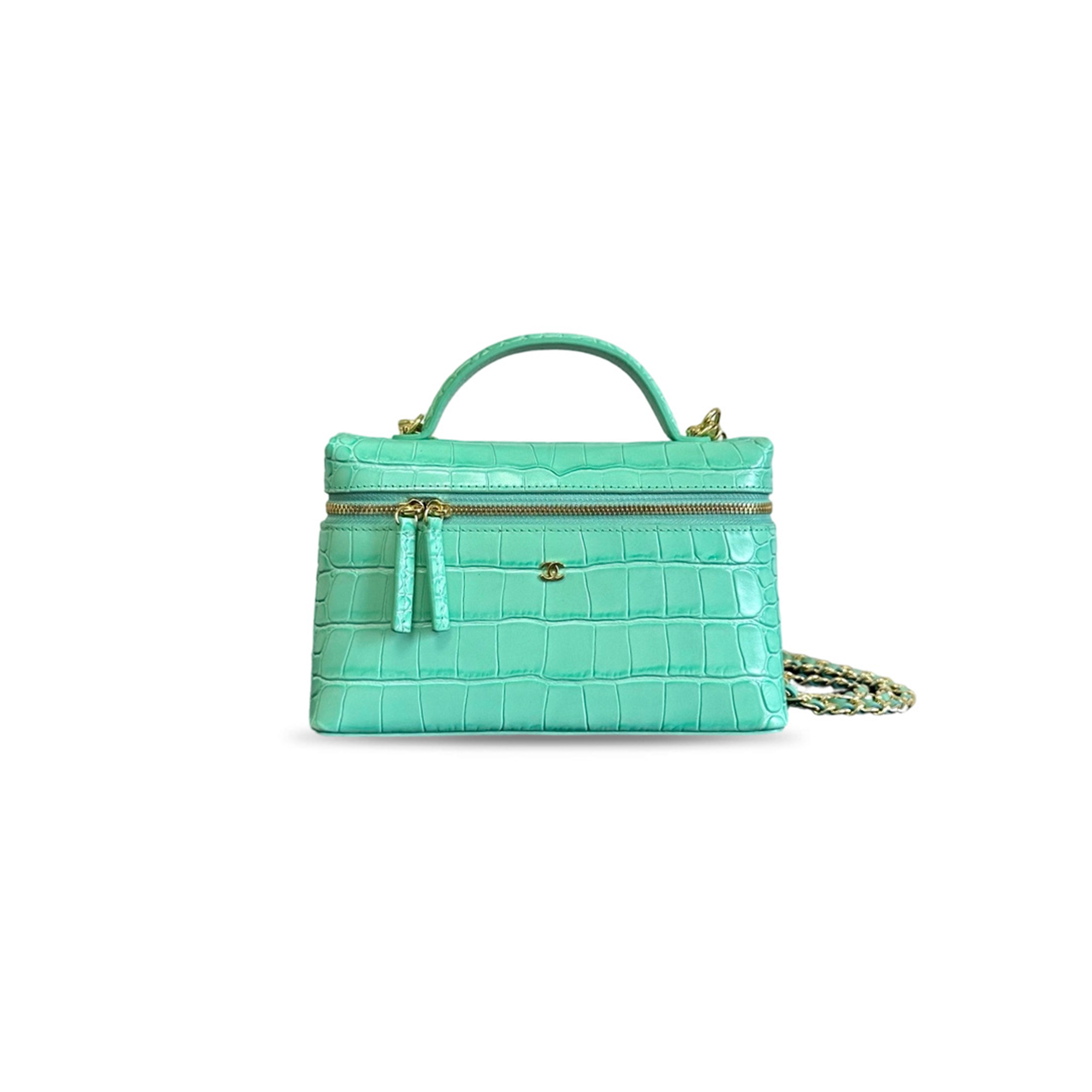 CHANEL MASTER TOP HANDLE LONG VANITY CASE WITH CHAIN CROC EMBOSSED CALFSKIN GOLD HARDWARE (19*14*5cm)